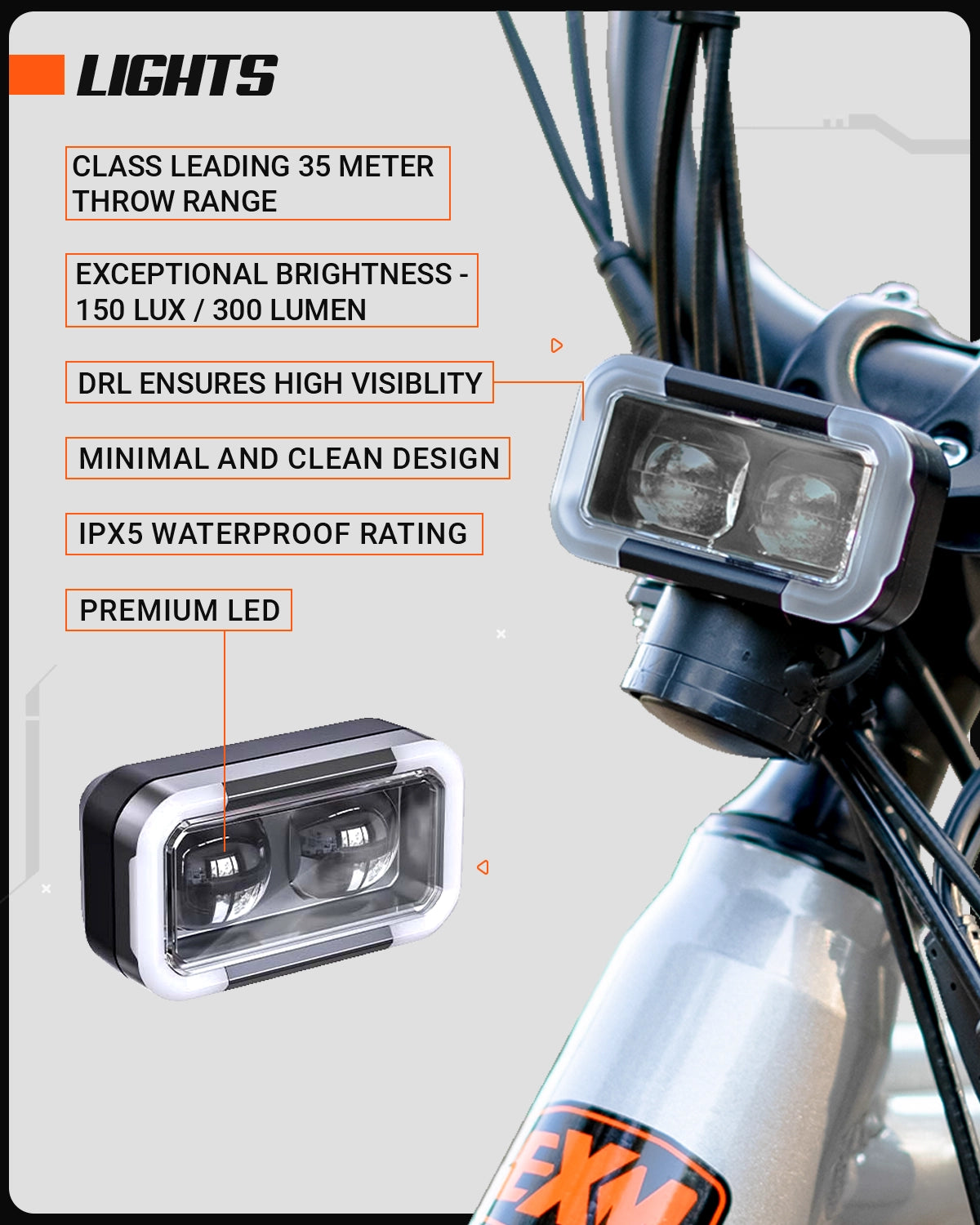 Front and rear LED lights of ExelMoto E1X