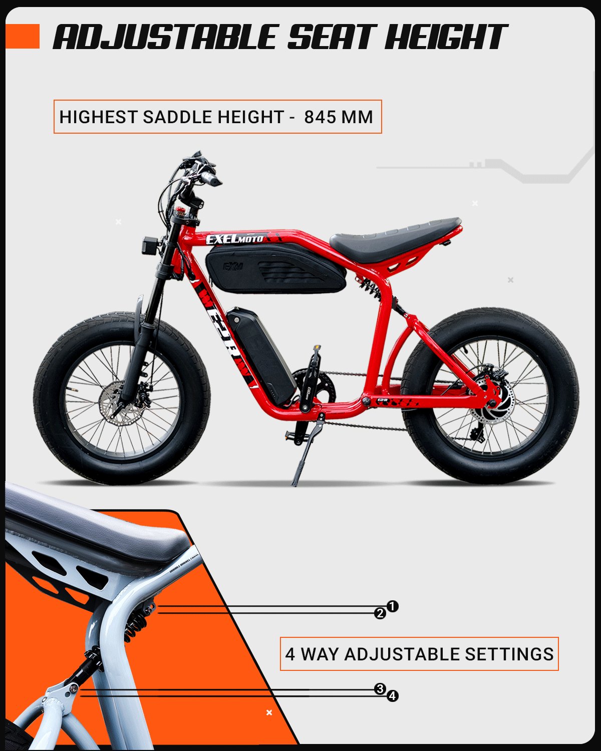 Adjustable seat design of ExelMoto E2R for comfortable rides