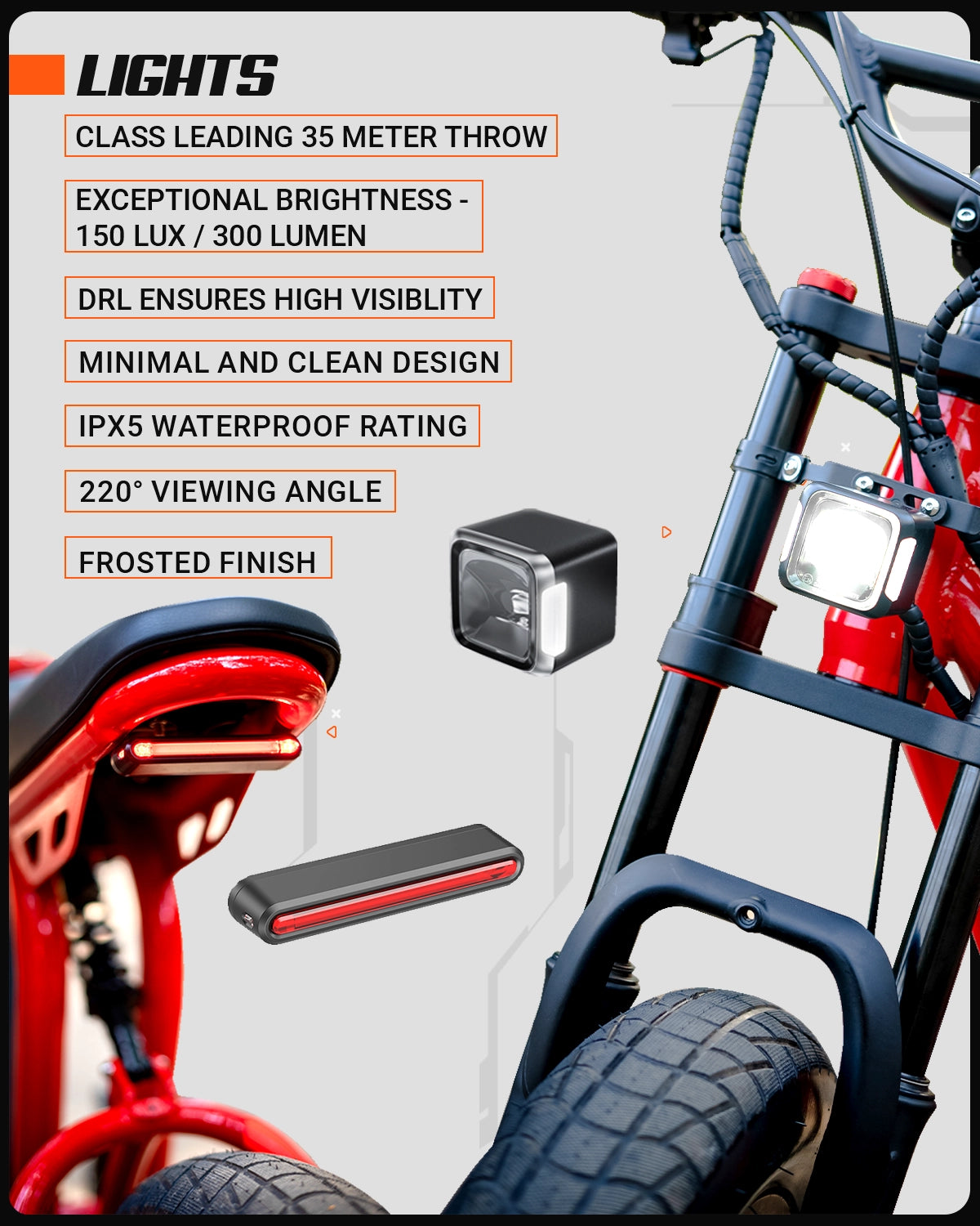 Illustration showing the lighting setup of ExelMoto E2R electric bike