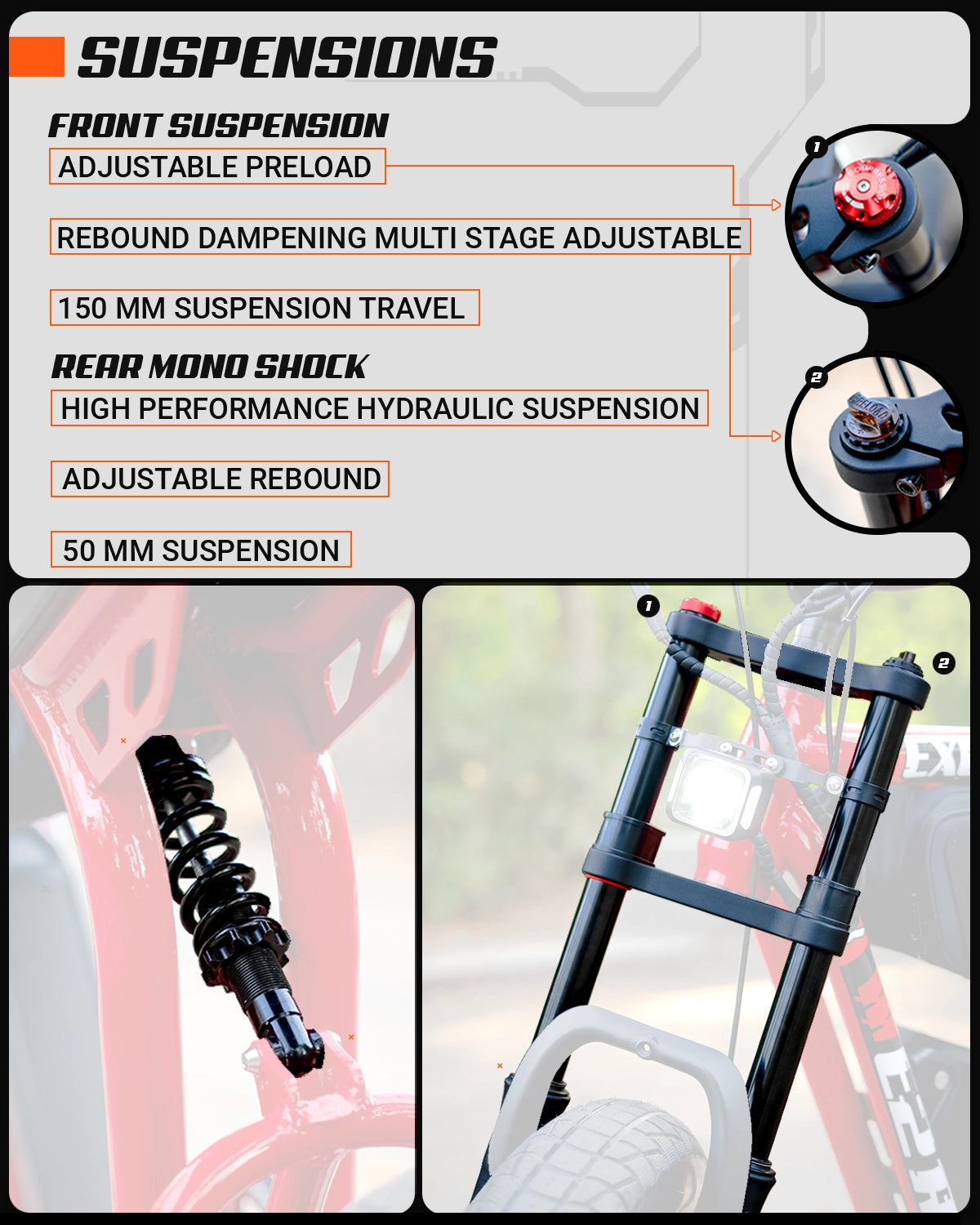 Close-up image of ExelMoto E2R suspension setup for comfortable riding