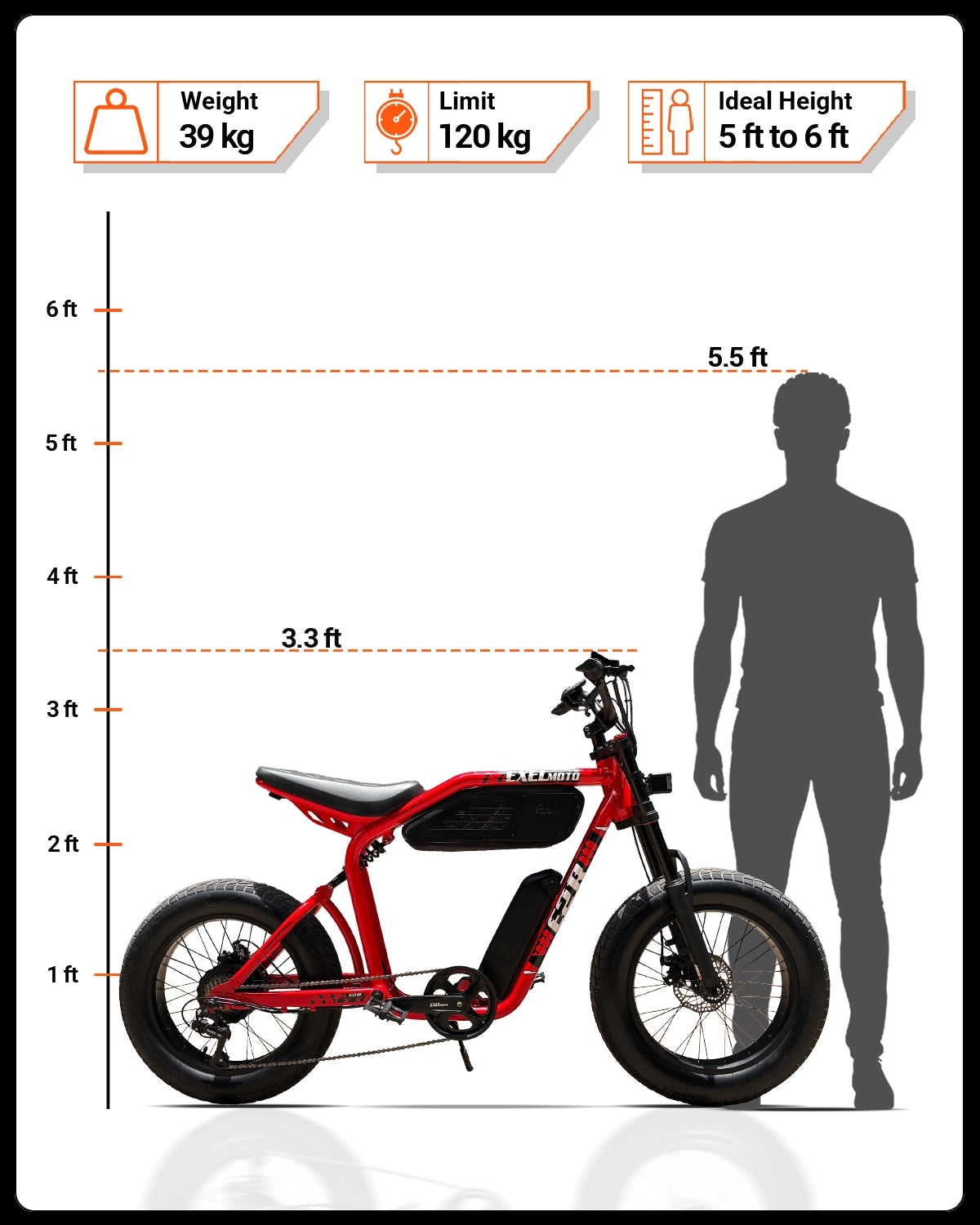 Infographic showing the height specification of ExelMoto E2 Red