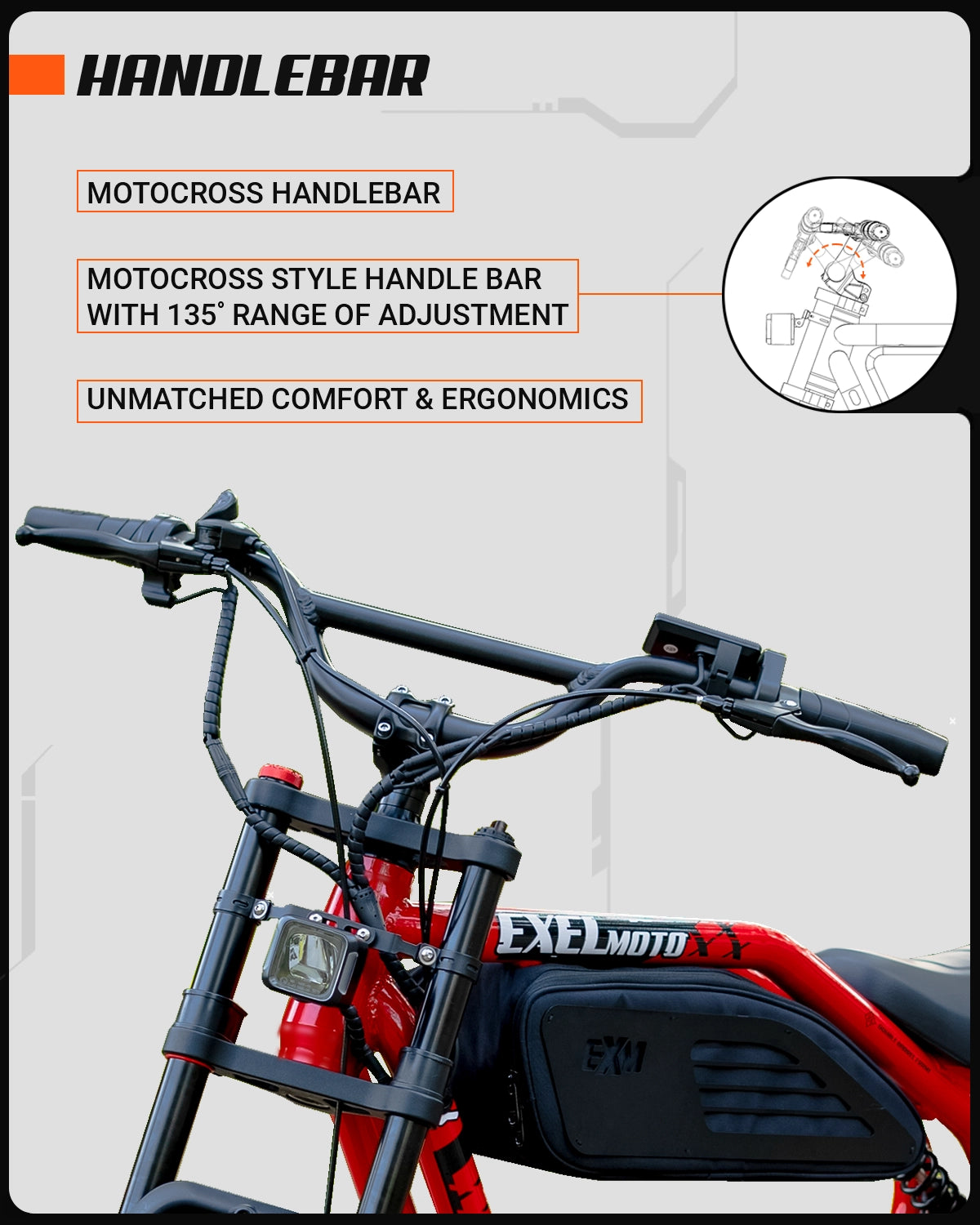Illustration of the ExelMoto E2R electric bike handlebar controls and features
