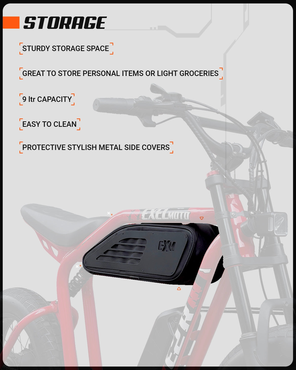 Illustration describing the storage bag and accessory options for ExelMoto E2R