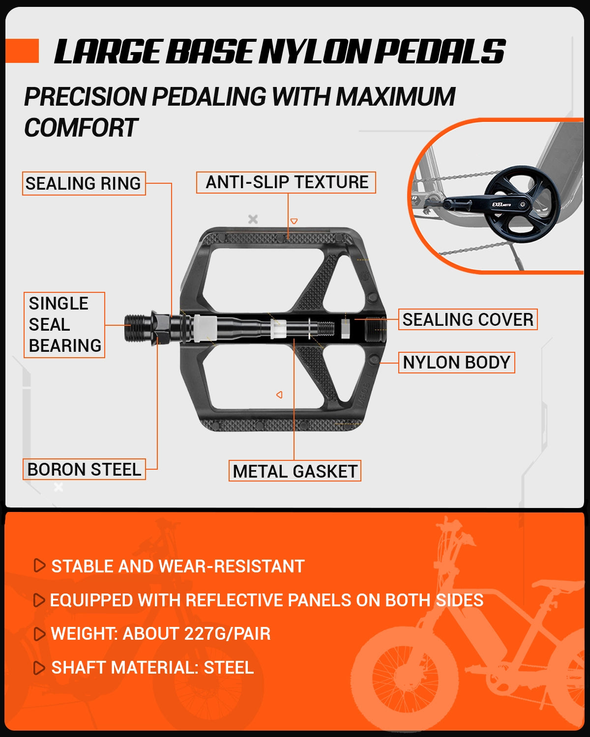 Durable pedal design for Exelmoto e-bikes