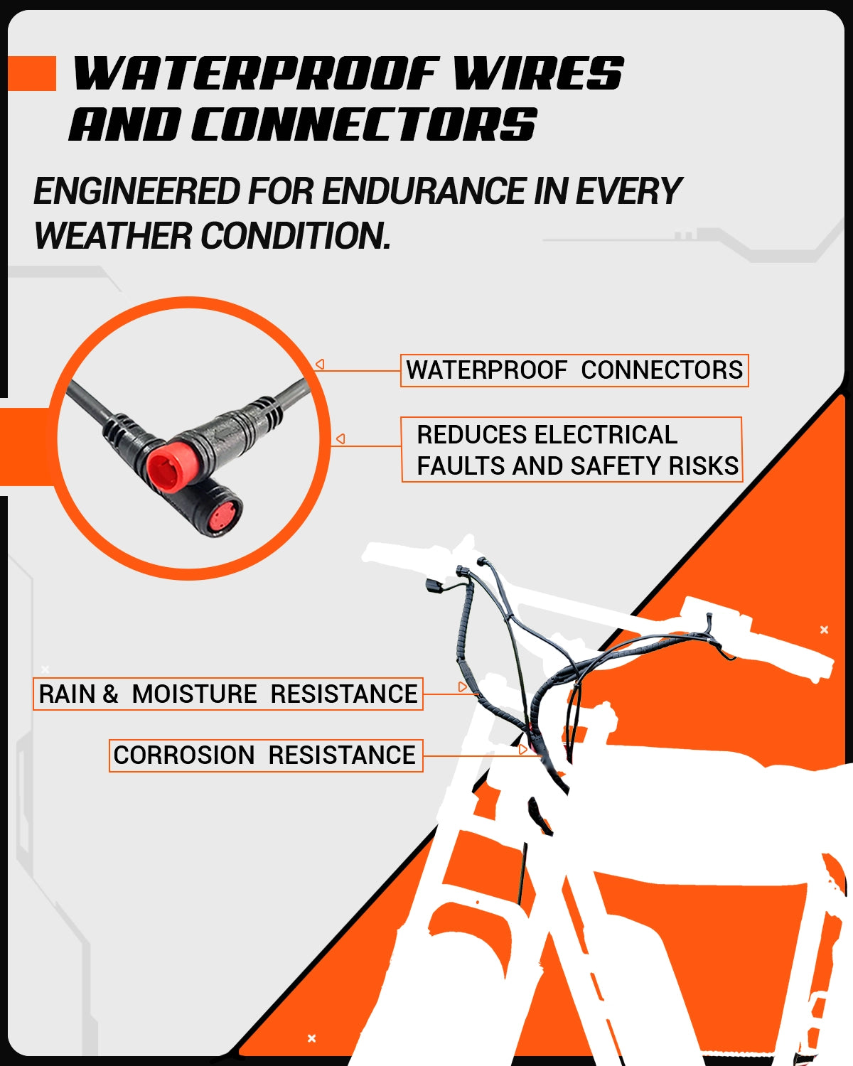 Image showcasing waterproof wiring and secure connectors on ExelMoto E2R electric bike
